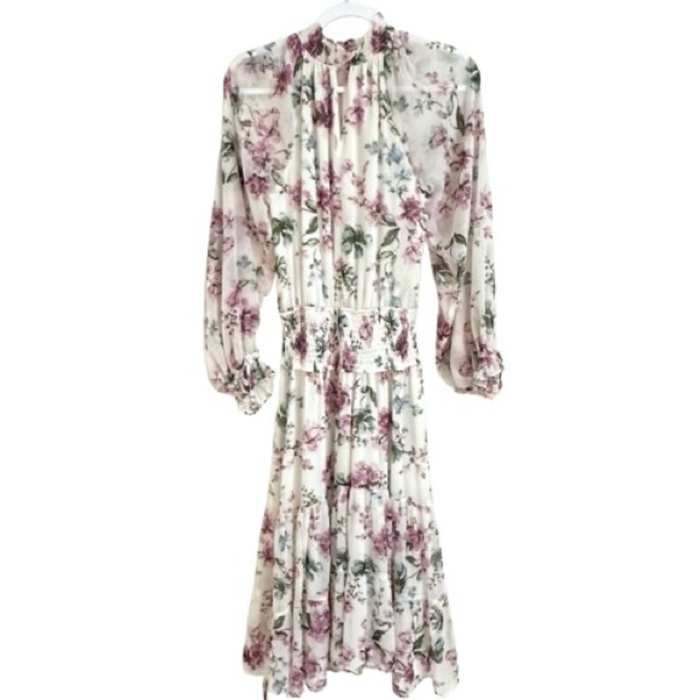 Olivaceous Floral Smocked Maxi Dress Size Small Sheer Chiffon Long Sleeves